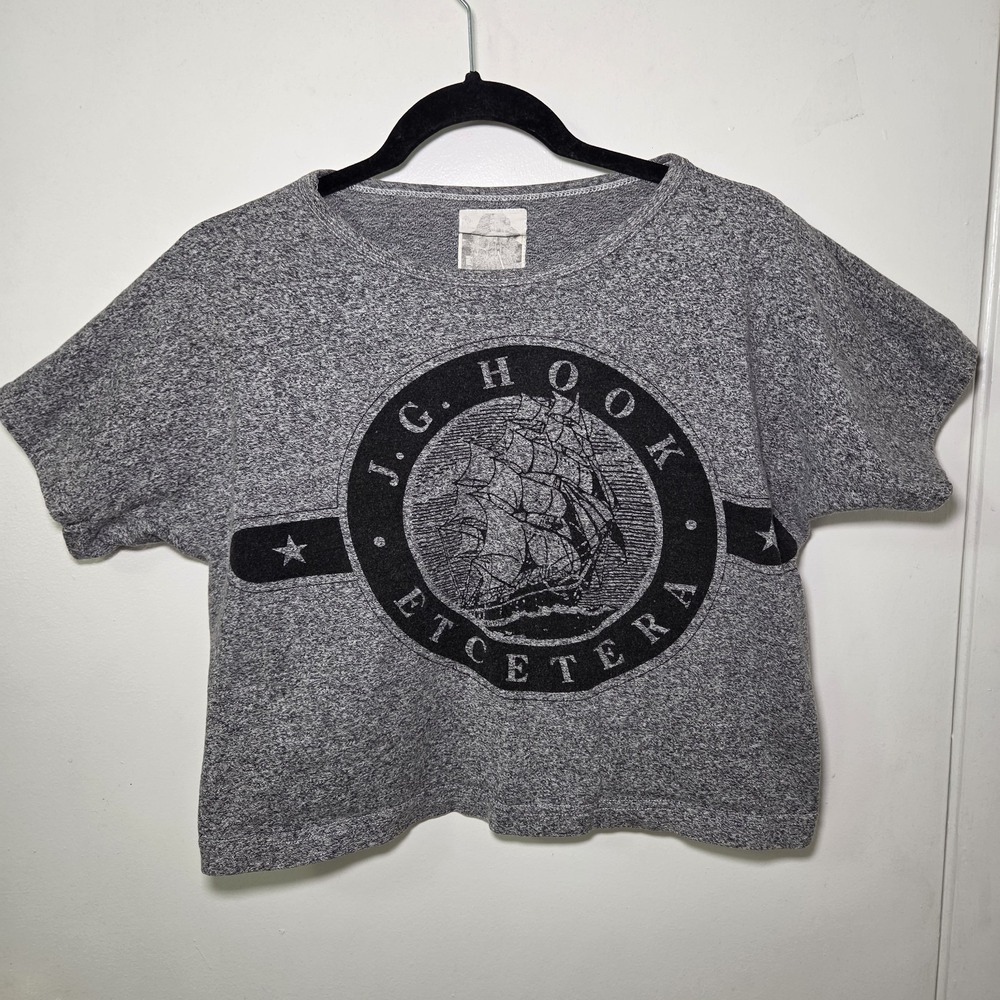 J. G. Hook S Cropped Graphic Tee Gray‎ Nautical Ship Print Vintage Boxy Top
